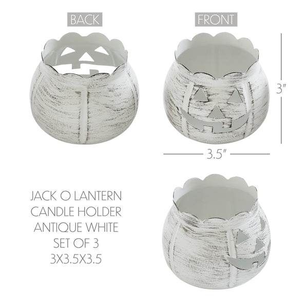 Antique White Rustic Farmhouse Jack O Lantern Votive Tealight Candle Holders, Set of 3 for Halloween Fall Autumn Tabletop Decor & Centerpieces, 3.5 Inch