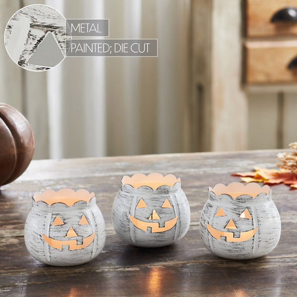 Antique White Rustic Farmhouse Jack O Lantern Votive Tealight Candle Holders, Set of 3 for Halloween Fall Autumn Tabletop Decor & Centerpieces, 3.5 Inch