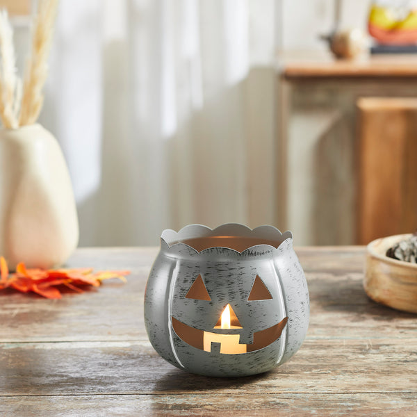 Jack-O-Lantern Candle Holder Antique Grey 4.25x5.25x5.25