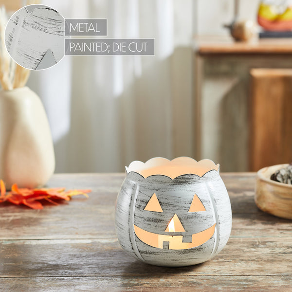 Halloween Jack O Lantern Pumpkin Candle Holder Antique White Fall Tabletop Decor 4.25x5.25x5.25