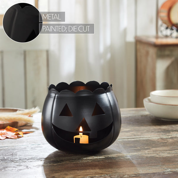 Halloween Black Jack O Lantern Decorative Candle Holder Spooky Pumpkin Votive Lantern 6.25in H x 7.5in W x 7.5in D Seasonal Accent