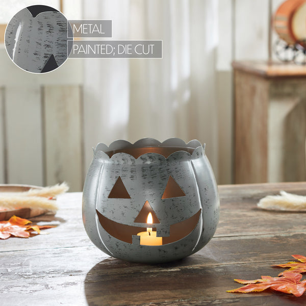 Halloween Jack O Lantern Candle Holder Antique Grey Fall Tabletop Seasonal Decor 6.25x7.5x7.5 Inch