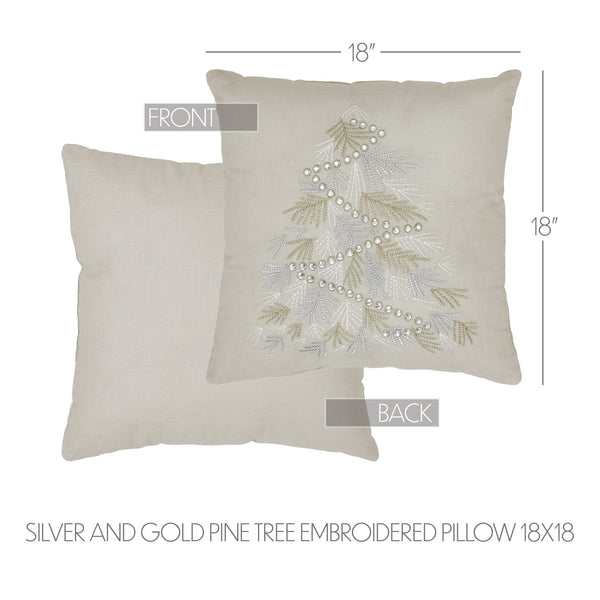 Silver and Gold Pine Tree Embroidered Pillow 18x18