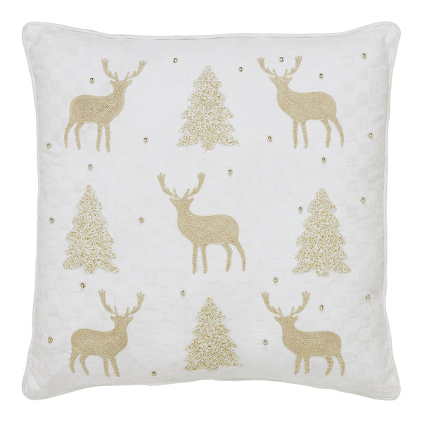 Golden Deer and Pine Embroidered Pillow 18x18