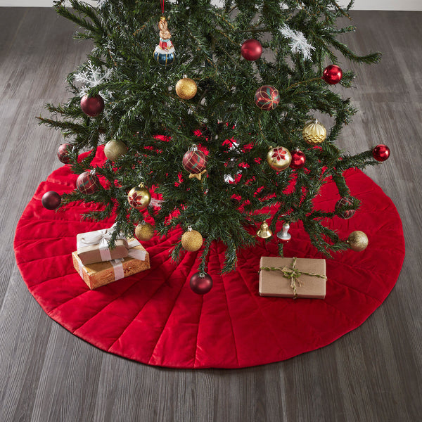 Quilted Red Velvet Tree Skirt with White Bow Ties 48