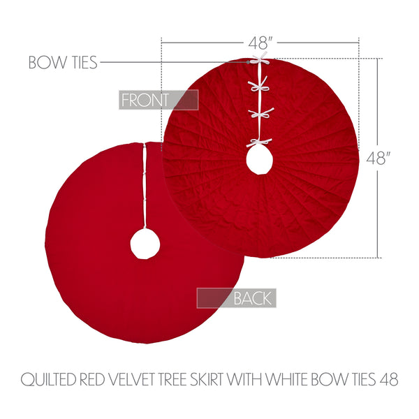 Quilted Red Velvet Tree Skirt with White Bow Ties 48