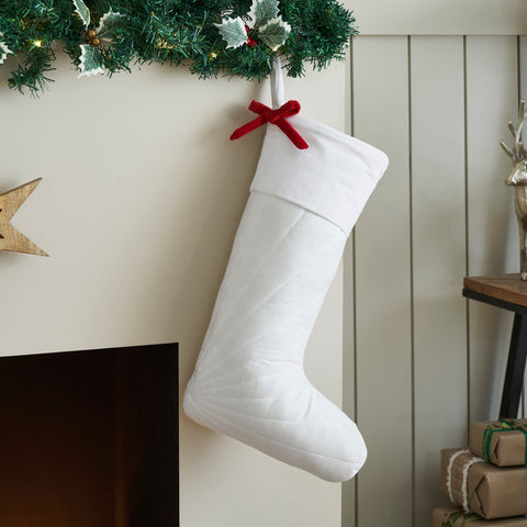 Quilted White Velvet Stocking with Red Bow 11x18