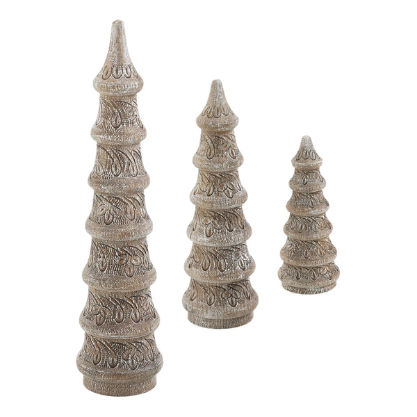 Feathered Finish Hand Turned Wooden Trees Set of 3 - 7/9/12 inch