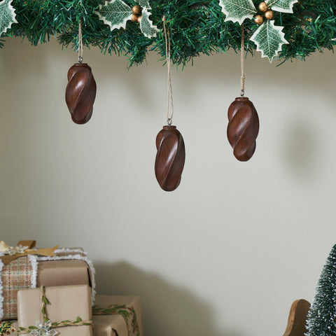 Swirling Dark Wooden Ornament Set of 3 - 4 inch
