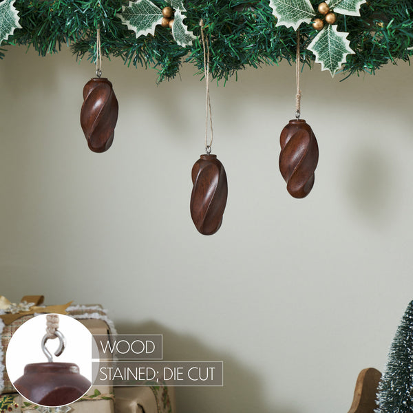 Swirling Dark Wooden Ornament Set of 3 - 4 inch