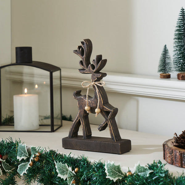 Woodland Winter Dark Wooden Reindeer 11x7x2