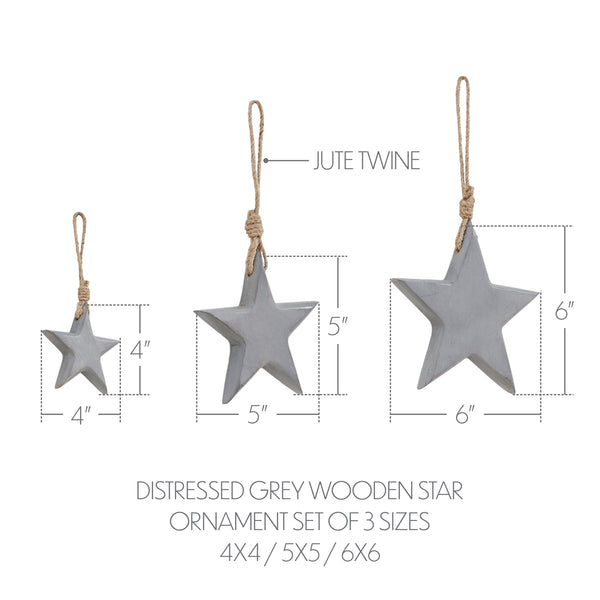 Distressed Grey Wooden Star Ornament Set of 3 - 4/5/6 inch