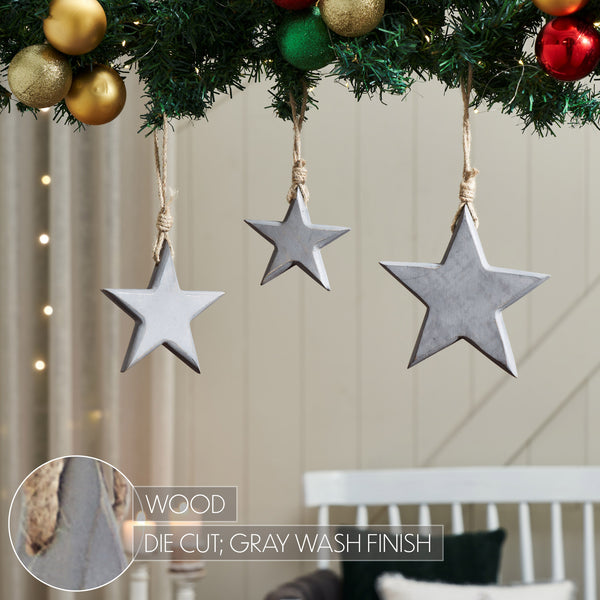 Distressed Grey Wooden Star Ornament Set of 3 - 4/5/6 inch