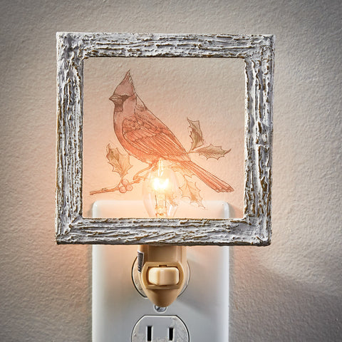 Our lovely Cardinal Night Light will add a festive ambiance to your home. Featuring a Cardinal on a branch framed in bark texture. Bulb included and ready to use. Packaged in a poly bag with header card for easy display.