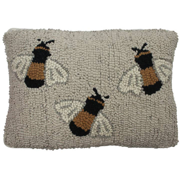 Three Bees Wool Hooked Pillow 14x20 | Primitive Country Decor