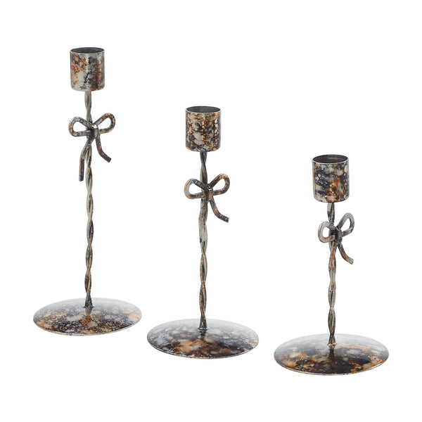 Bow Candlestick Holders Burnished Metal Set of 3 - 5.25/6.25/7.5 inch