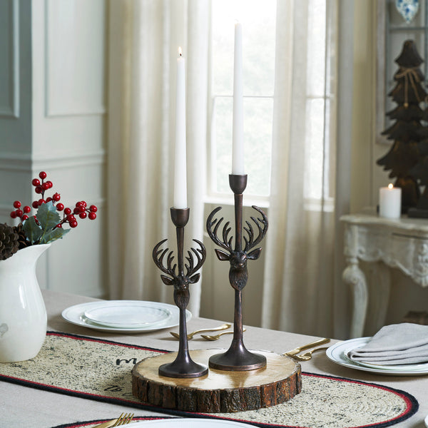 Rustic Stag Metal Candlestick Holders Set of 2 - 10.5/12.5 inch