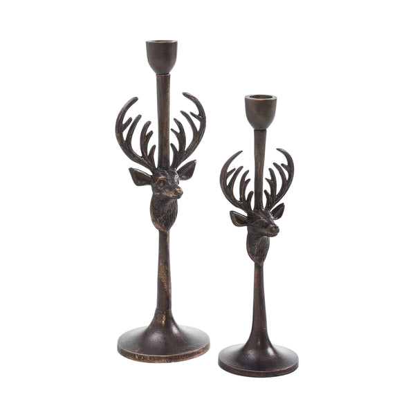 Rustic Stag Metal Candlestick Holders Set of 2 - 10.5/12.5 inch