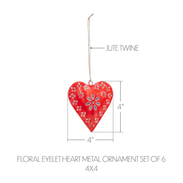 Floral Eyelet Heart Metal Ornament Set of 6 - 4 inch