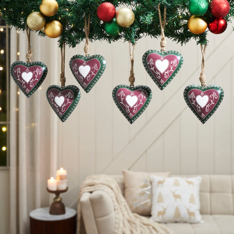 Burgundy Heritage Metal Heart Ornament Set of 6 - 5 inch