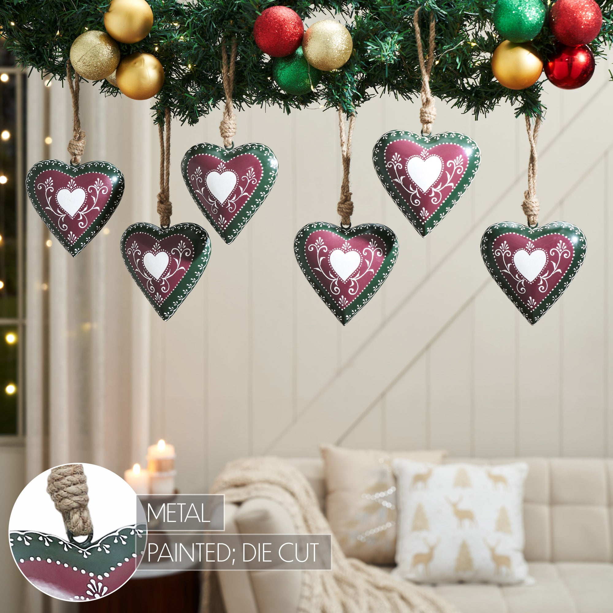 Burgundy Heritage Metal Heart Ornament Set of 6 - 5 inch