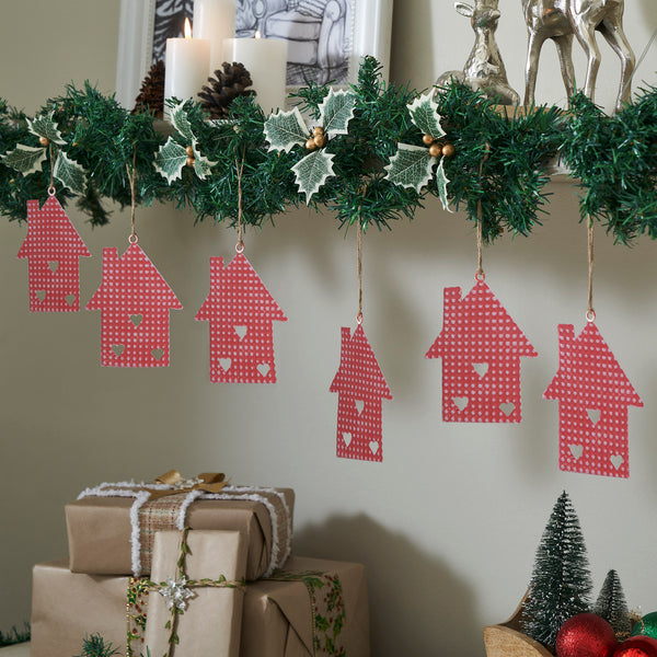 Dotted Metal House Ornaments Red Set of 6 5.4x4.4x0.2