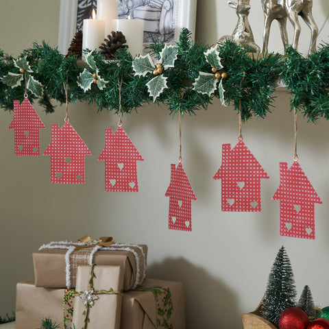 Dotted Metal House Ornaments Red Set of 6 5.4x4.4x0.2