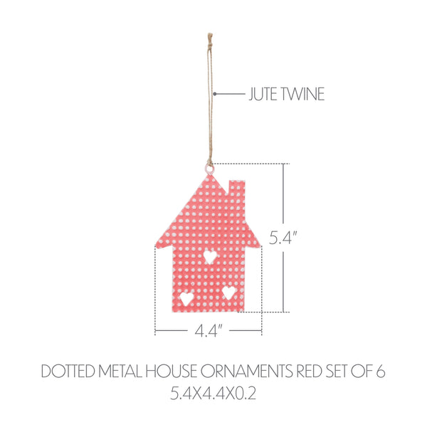 Dotted Metal House Ornaments Red Set of 6 5.4x4.4x0.2
