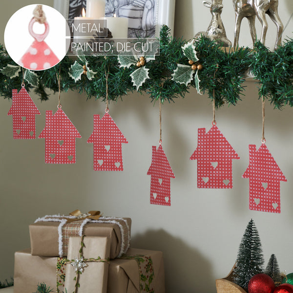 Dotted Metal House Ornaments Red Set of 6 5.4x4.4x0.2