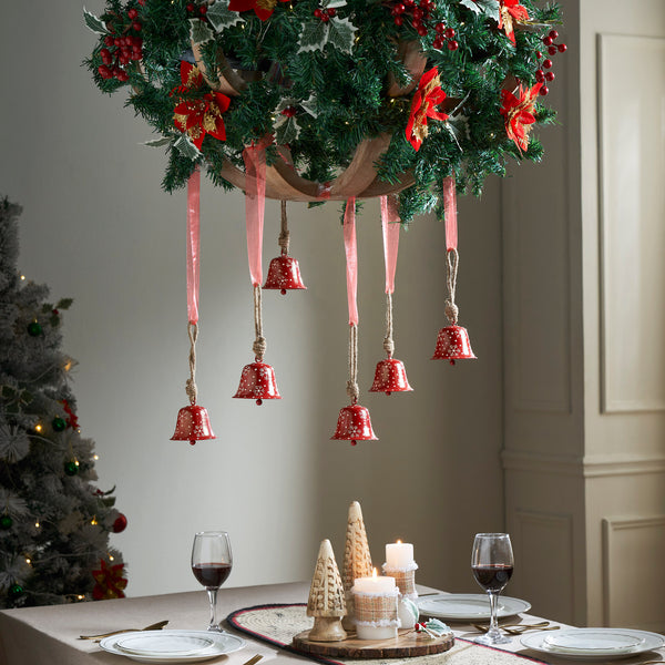Falling Snow Red Bell Metal Ornament Set of 6 - 3.2 inch