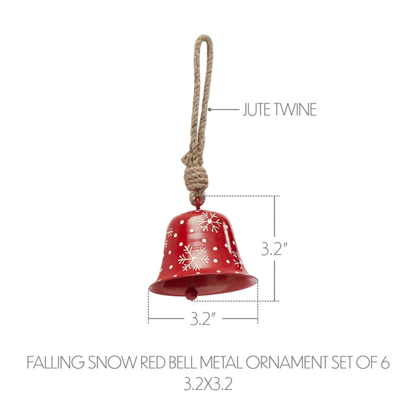 Falling Snow Red Bell Metal Ornament Set of 6 - 3.2 inch