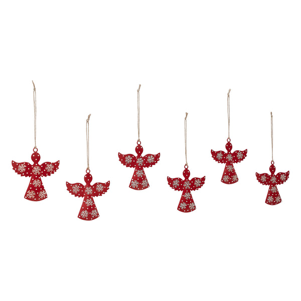 Falling Snow Red Angel Metal Ornament Set of 6 - 4.4 inch