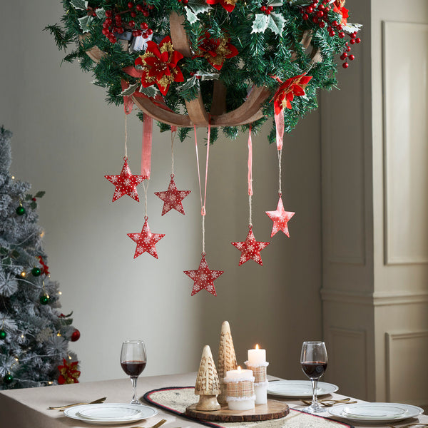 Falling Snow Red Star Metal Ornament Set of 6 - 4 inch