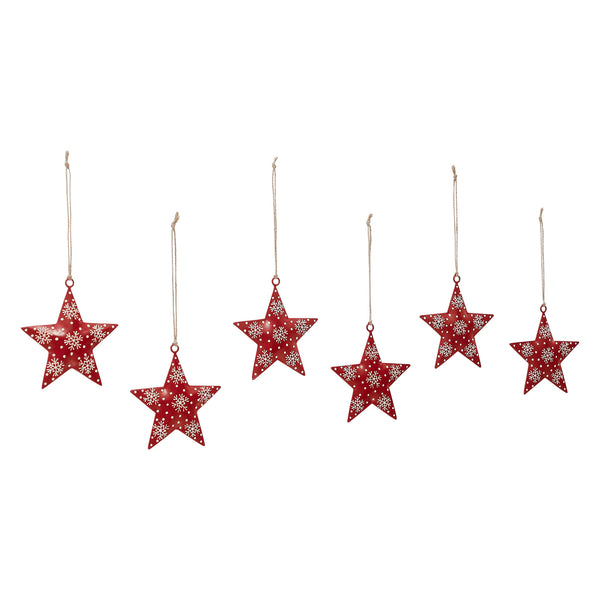 Falling Snow Red Star Metal Ornament Set of 6 - 4 inch