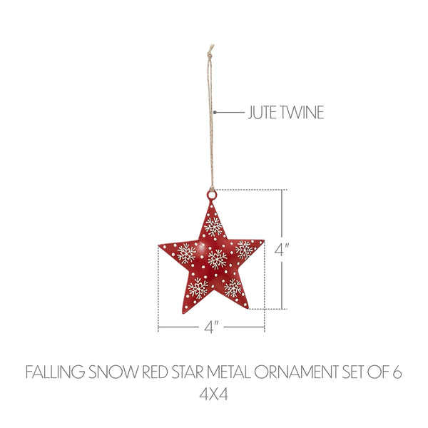 Falling Snow Red Star Metal Ornament Set of 6 - 4 inch