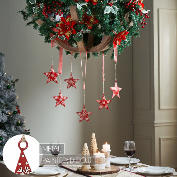 Falling Snow Red Star Metal Ornament Set of 6 - 4 inch