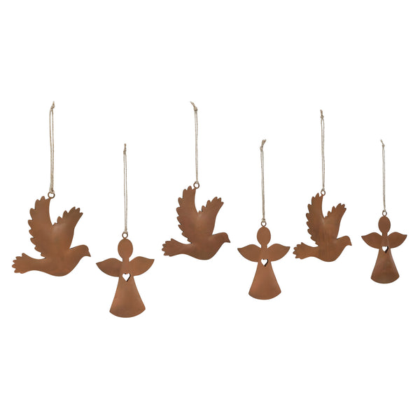 Rust Angel and Dove Metal Ornaments Set of 6 - 4.5/5 inch