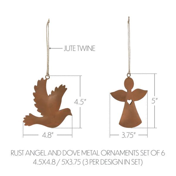 Rust Angel and Dove Metal Ornaments Set of 6 - 4.5/5 inch