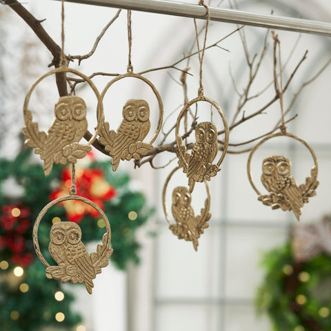 Golden Owl Metal Ornament Set of 6 - 4.5 inch