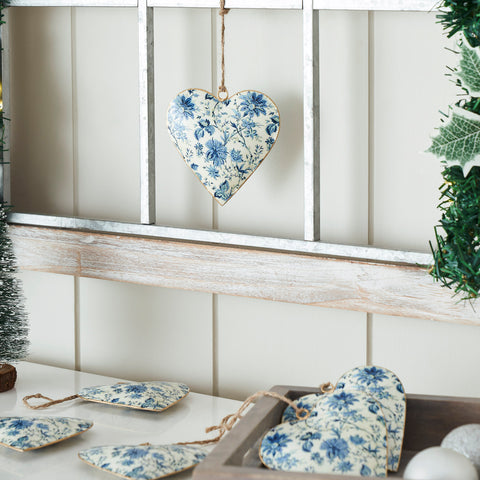 Cottage Blue Floral Metal Ornament Set of 6 - 4 inch