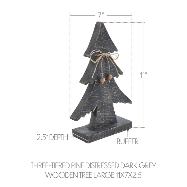 Three-Tiered Pine Distressed Dark Grey Wooden Tree Large 11x7x2.5