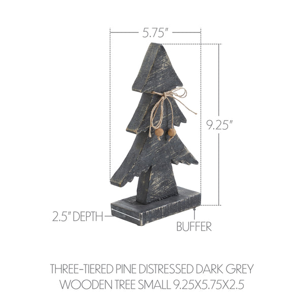 Three-Tiered Pine Distressed Dark Grey Wooden Tree Small 9.25x5.75x2.5