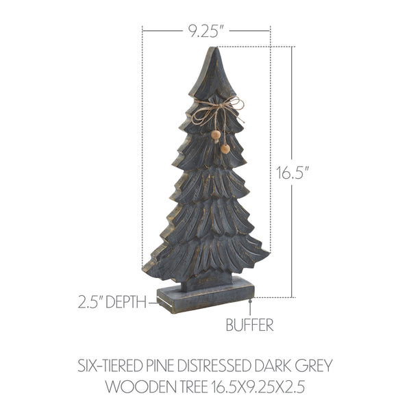 Six-Tiered Pine Distressed Dark Grey Wooden Tree 16.5x9.25x2.5