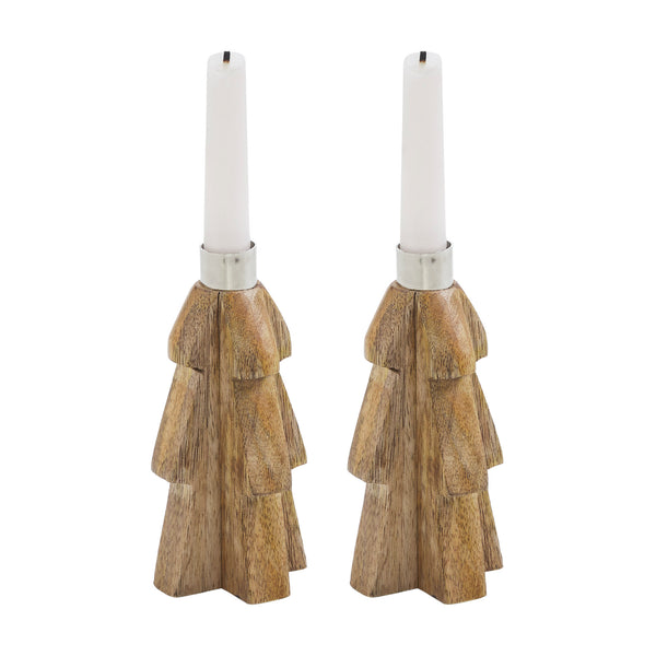Tree Natural Wooden Taper Candle Holder Set of 2 - 6x3x3