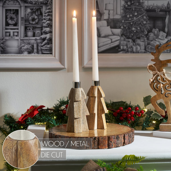 Tree Natural Wooden Taper Candle Holder Set of 2 - 6x3x3