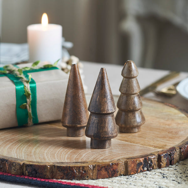 Conical Dark Wooden Tree Set of 3 - 3.25x1.25x1.25