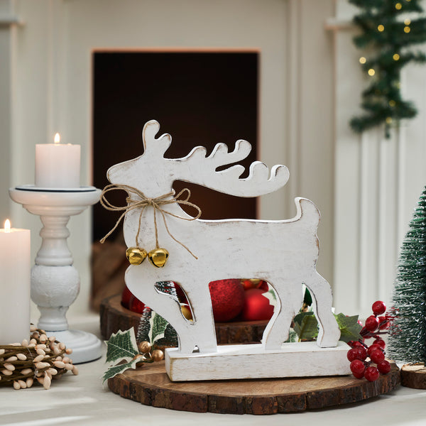Winter Walk Distressed White Wooden Reindeer Large 10x9x2.5