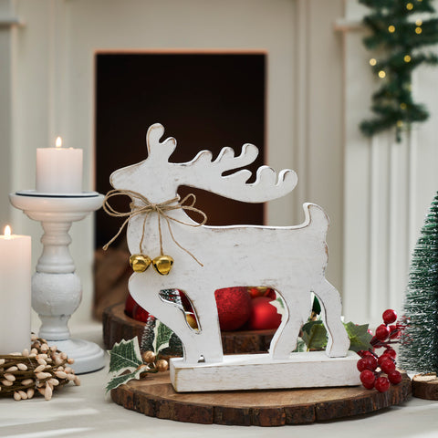 Winter Walk Distressed White Wooden Reindeer Large 10x9x2.5