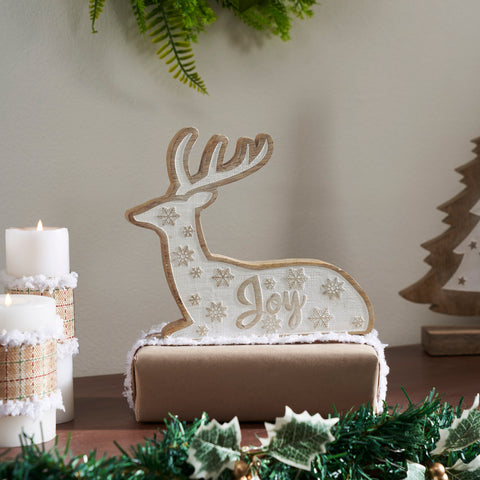 White Washed Joy Natural Wooden Reindeer 7x8x1