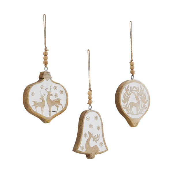 White Washed Winter Forest Natural Wooden Ornament Set of 3 - 4 inch